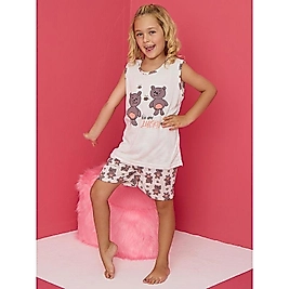 CLQTH Kız Çocuk Yumuşak Ayıcık Figürlü Pamuklu Şort Takım