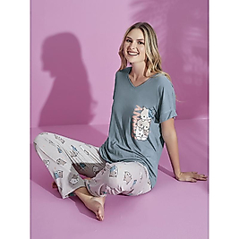 Kadın Yumuşak Kısa Kollu Funny Yazılı ve Kedi Figürlü Pijama Takımı