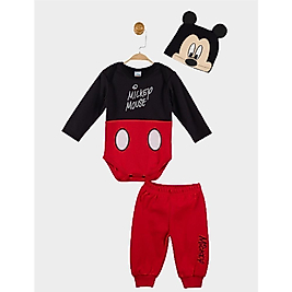 CLQTH Mickey Mouse Lisanslı Erkek Bebek Body Alt ve Şapka 3'lü Set