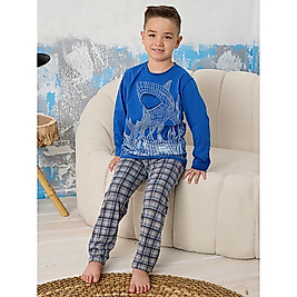 CLQTH Mavi Köpekbalıklı Erkek Çocuk Pijama Takımı Kareli Desenli Rahat Uyku Seti