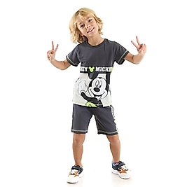 CLQTH Erkek Çocuk Mickey Mouse Lisanlı Şort Takımı Füme