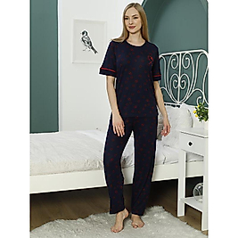 Bambu Yumuşak Kısa Kollu Lacivert Kırmızı Kalp İşlemeli Pijama Takımı